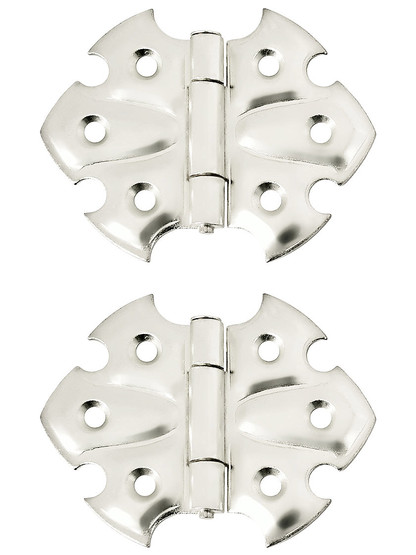 Pair of Ornamental Flush Mount Cabinet Hinges - 1 7/8 inch H x 2 1/2 inch W in Polished Nickel.
